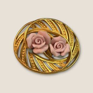 Vintage Gold Tone Rose Brooch  Pink Porcelain Flowers Oval Elegant Pin Jewelry